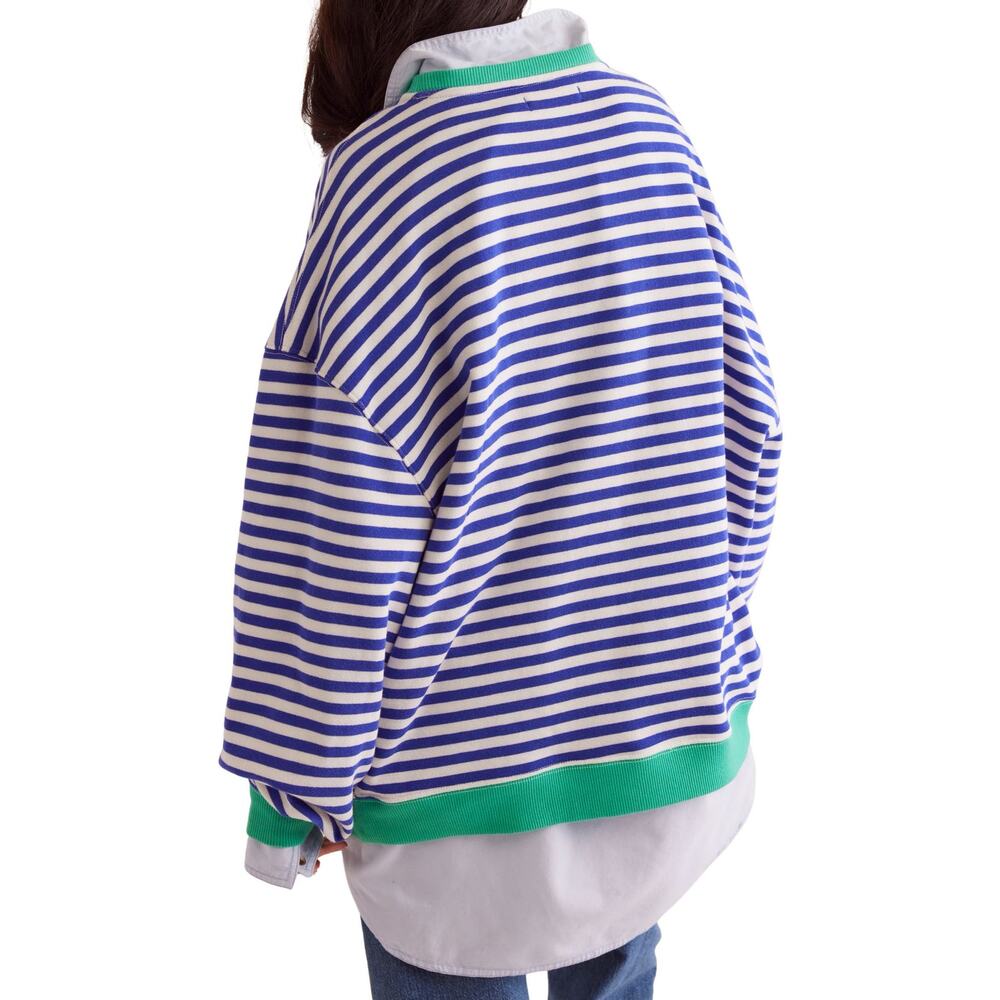 Free People Classic Stripe Oversized Crewneck Blue Green Combo Sz M Cozy Boho - Picture 2 of 8